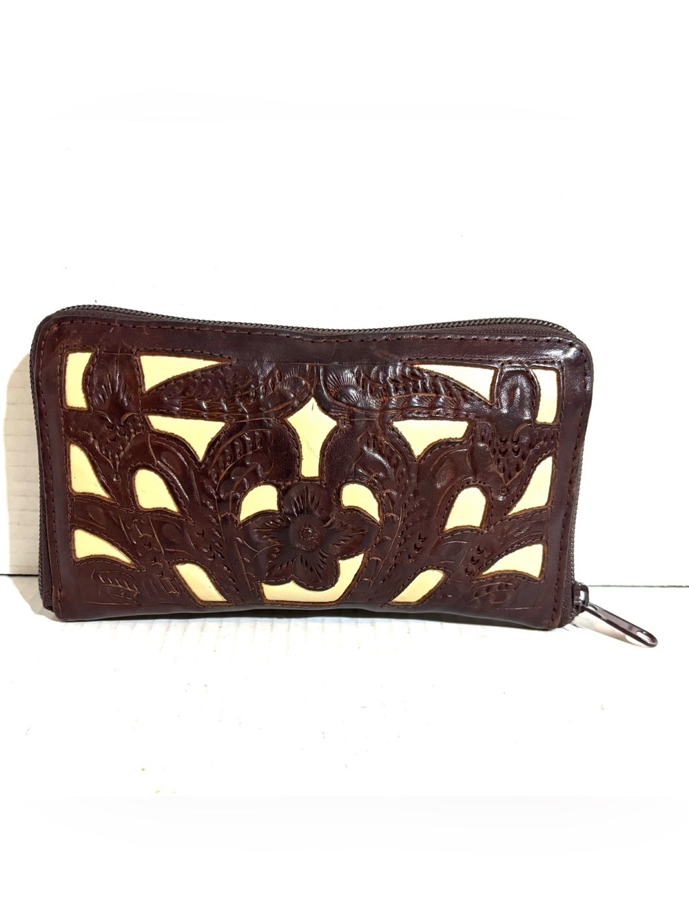Vintage Brown Leather Cutout Floral Clutch with Cream Underlay